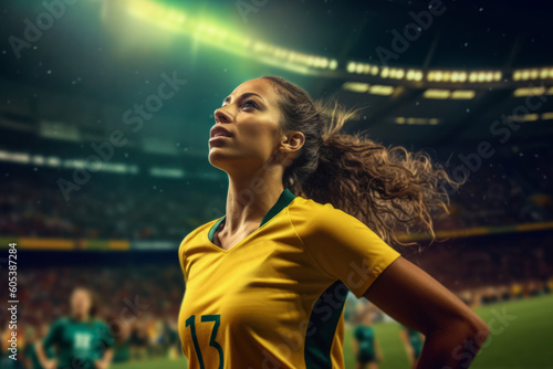 Beautiful female Brazilian soccer player in action on the field of stadium. Ai generated.