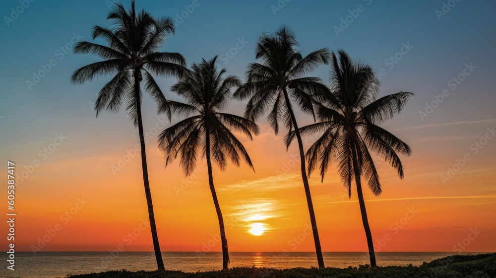 Beautiful tropical beach with palm trees silhouettes at dusk, Generative AI