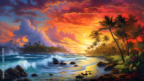 Fotografiet Illustration of a beautiful view of Hawaii, USA