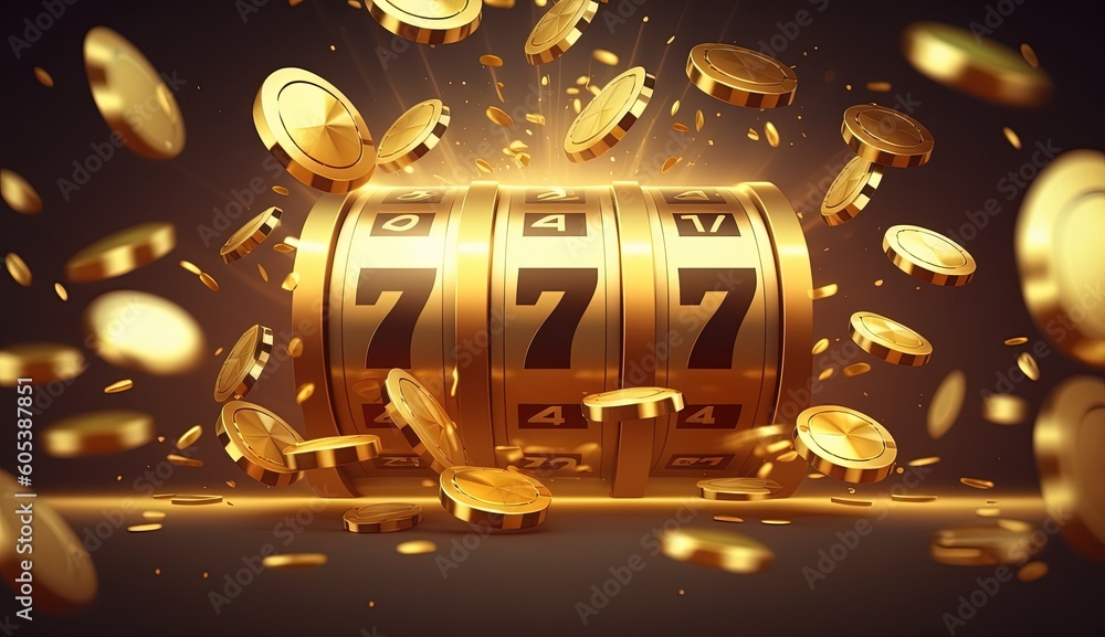 Slots 777 banner, golden coins jackpot, Casino 3d cover, slot machines and roulette with cards by ai generative - obrazy, fototapety, plakaty 