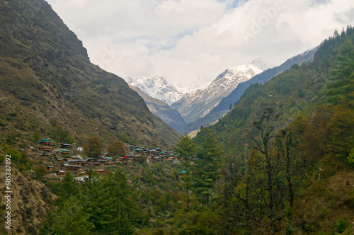 Panoramic view on the way to Har Ki Dun. you see Swagarohini Peak in the center of picture and many huts in bottom. © Laxmikant