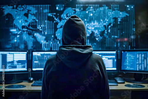 Dangerous hooded hacker hacking and penetration testing company cyber security concept.