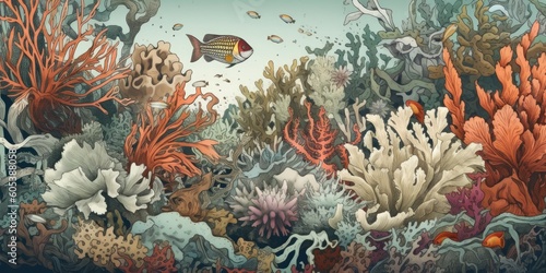 Artful illustration of fantasy underwater life, colorful and impressionistic, Generative AI 