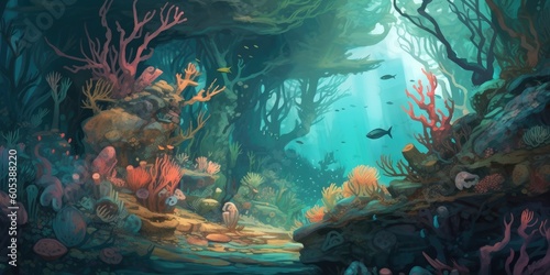 Artful illustration of fantasy underwater life, colorful and impressionistic, Generative AI 
