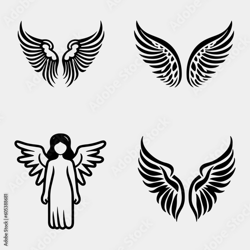 Set of hand drawn bird or angel wings of different shape in open position