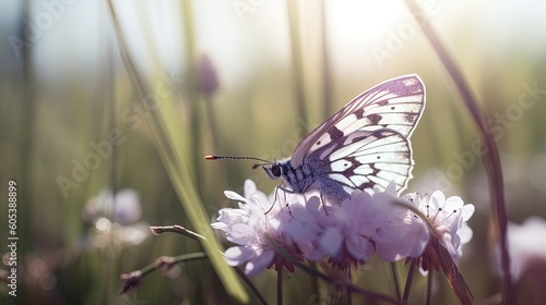 Butterfly flying over pink plants on a blurred background Generative AI