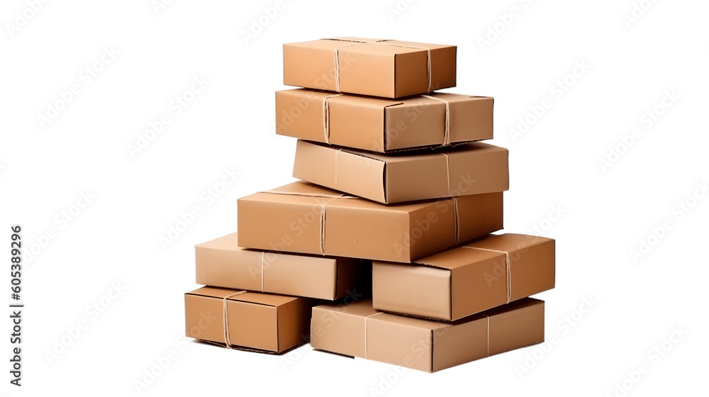 Pile of cardboard boxes ready to be shipped isolated on transparent background - Generative AI Pile of cardboard boxes ready to be shipped isolated on transparent background - Generative AI