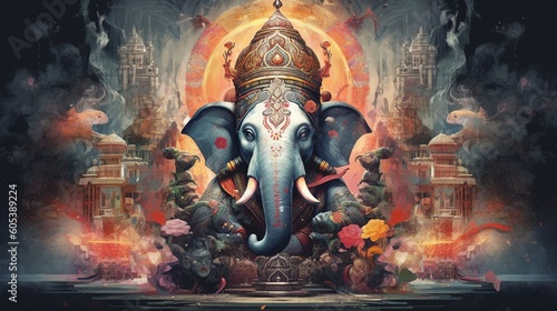 Illustration of Ganesha for Ganesha Chaturthi and Diwali, Generative Ai © Deep Ai Generation