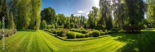 Long green garden of a house on a beautiful day Generative AI
