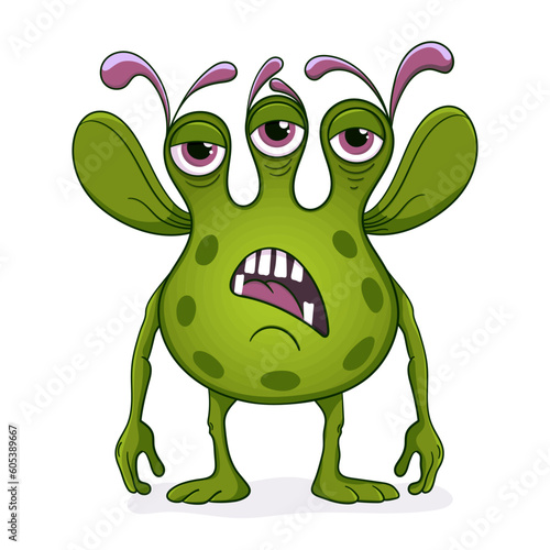A green monster with three eyes. A scary alien. A disgusting microbe with big teeth.