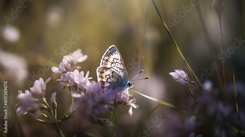 Butterfly flying over pink plants on a blurred background Generative AI