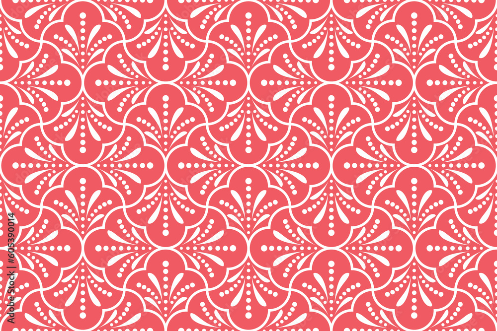 Flower geometric pattern. Seamless vector background. White and pink ornament. Ornament for fabric, wallpaper, packaging. Decorative print Flower geometric pattern. Seamless vector background. White and pink ornament. Ornament for fabric, wallpaper, packaging. Decorative print