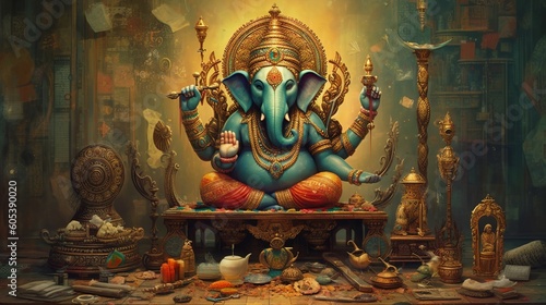 Illustration of Ganesha for Ganesha Chaturthi and Diwali, Generative Ai
