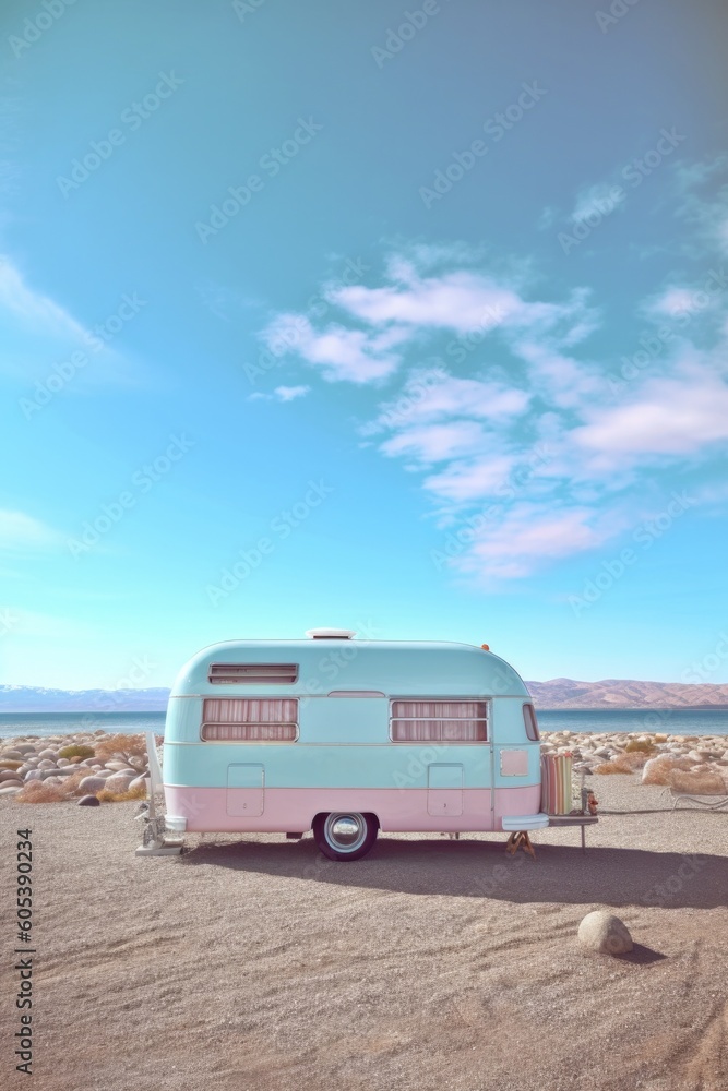 Pastel yellow pink turquoise van with surfboard on the beach. Sea time summer vacation concept. Generated AI.