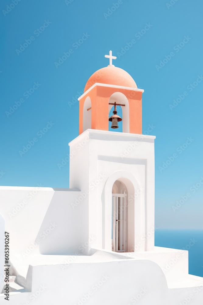 Pastel colored church somewehere in Greece or Italy. Santorini or Mykonos. Christian sign. Generated AI.
