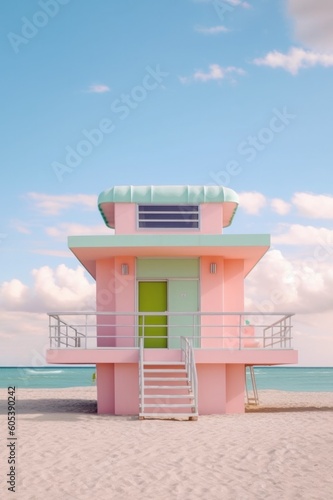 Pastel yellow pink green house on the beach. Sea time summer vacation concept. Generated AI.