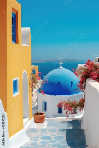 Pastel colored church somewehere in Greece or Italy. Santorini or Mykonos. Christian sign. Generated AI.