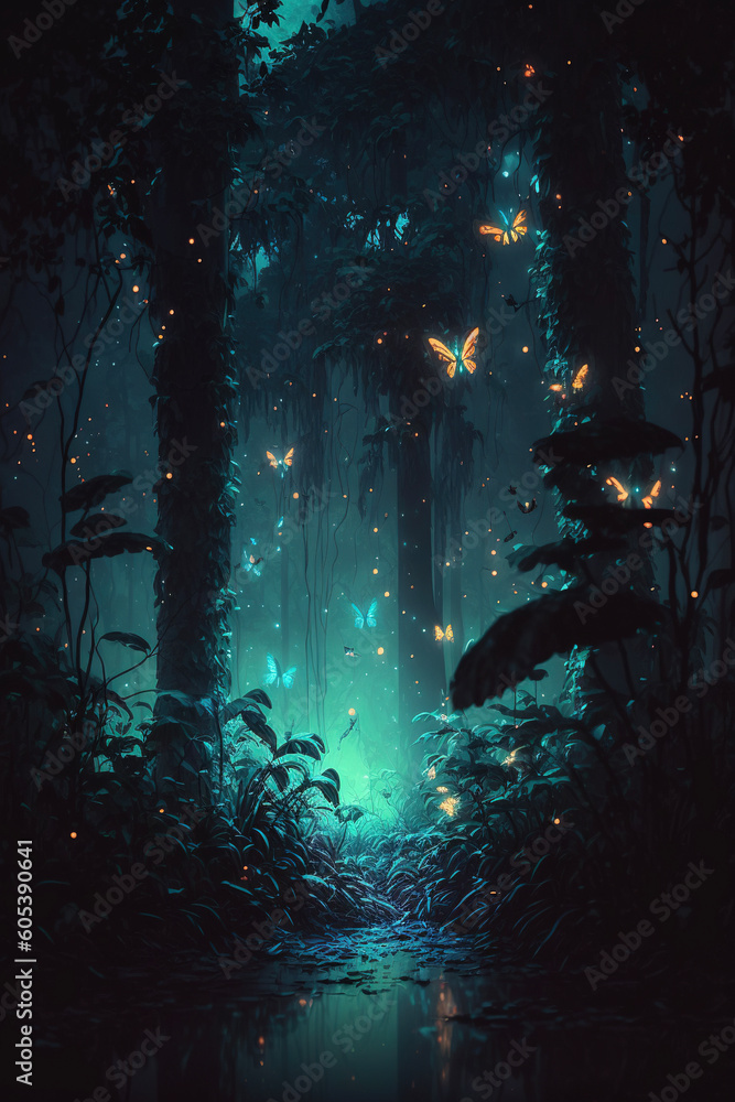 Night tropical jungle with fireflies. Atmospheric fantasy forest. AI