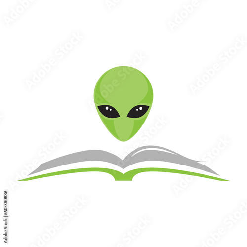 book and green alien head