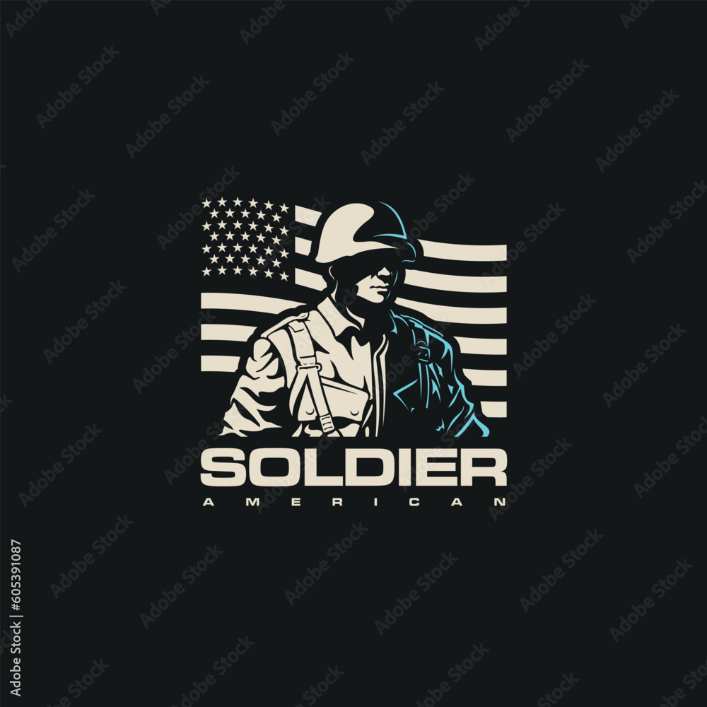 Obraz premium Soldier vector silhouette troop, military person design soldier in war against american flag background