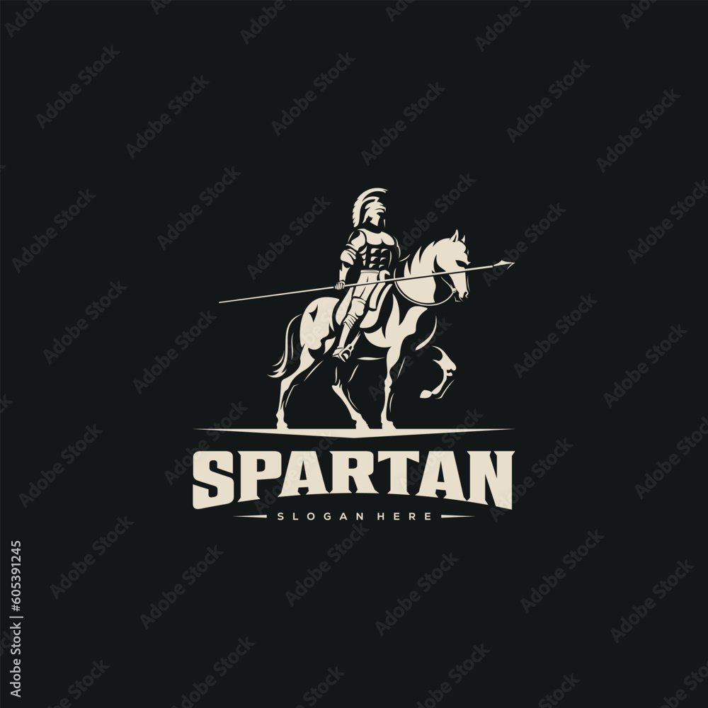 spartan riding horse and holding spear on black background design ...