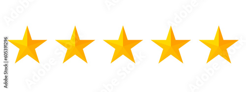  Five golden stars with a 3D effect on a transparent background     Design of five stars that can represent a rating or classification
