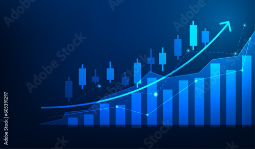 Business candlestick chart stock market up on blue dackground. investment graph increase growth. profit and finance diagram arrow up. vector illustration fantastic hi tech design.