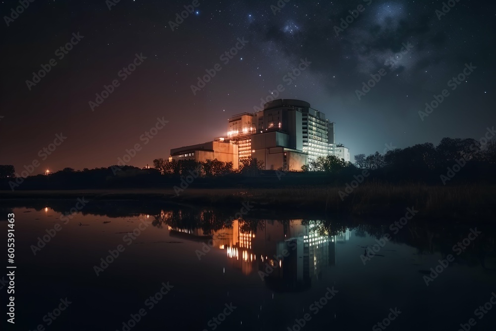 Nuclear power plant on coast of lake night photo Generative AI