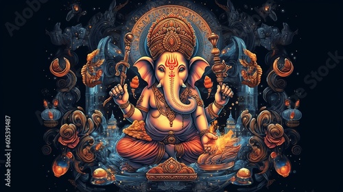 Illustration of Ganesha for Ganesha Chaturthi and Diwali, Generative Ai