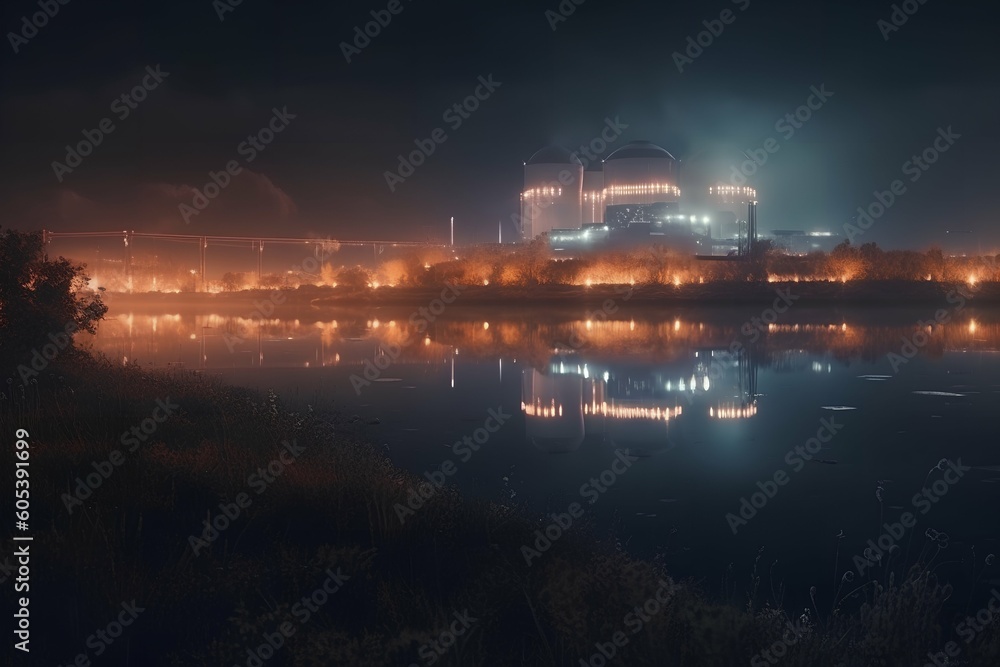 Fototapeta premium Nuclear power station on coast of lake night photo Generative AI