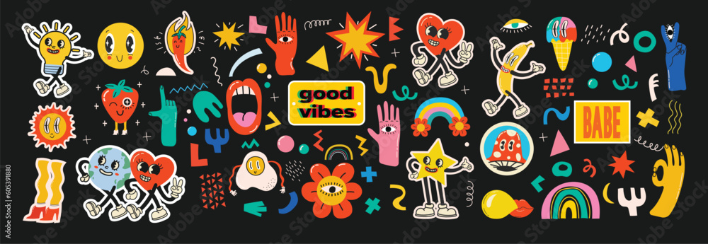 Groovy hippie love sticker character. Comic happy mushroom, hot dog and cloud character with wings in trendy retro 60s 70s cartoon style. Vintage isolated vector illustration. Groovy hippie love sticker character. Comic happy mushroom, hot dog and cloud character with wings in trendy retro 60s 70s cartoon style. Vintage isolated vector illustration.