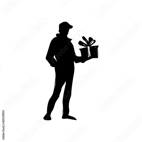 Vector illustration. Silhouette of a man with a gift in his hands. Minimalism.