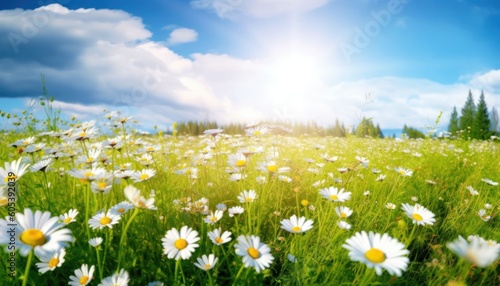 A beautiful, sun-drenched spring summer meadow. Natural colorful panoramic landscape with many wild flowers of daisies against blue sky. A frame with soft selective focus