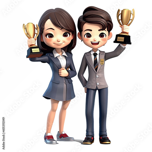 3D cartoon character cute smile young Businessman and Businesswoman Winners celebration holding trophy awards, teamwork success idea concept, on transparent/white background. Vector graphic