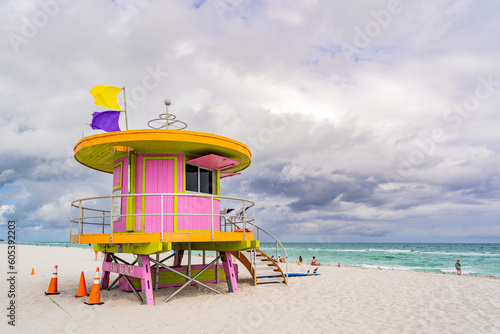 Miami Beach, USA - December 7, 2022. View of classic colored art deco lifeguard tower in South Miami Beach © stbaus7