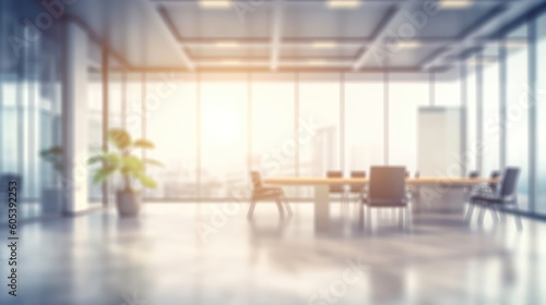 Beautiful blurred background of a light modern office interior with panoramic windows and beautiful lighting