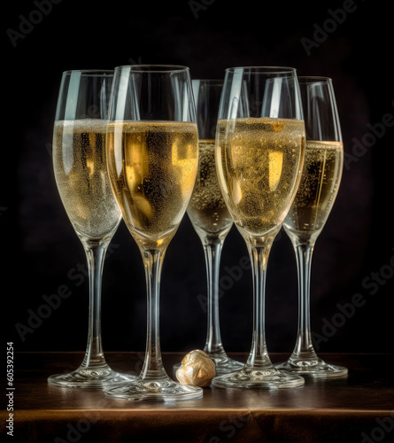 Champagne glasses well lit in a studio background. Generative Ai Illustration.