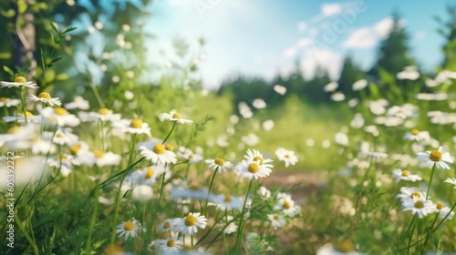 Beautiful blurred spring background nature with blooming glade chamomile, trees and blue sky on a sunny day