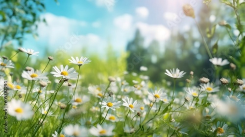 Beautiful blurred spring background nature with blooming glade chamomile, trees and blue sky on a sunny day © Eli Berr