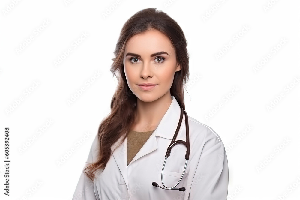 portrait of a female doctor on lab coat with stethoscope over white background portrait of a female doctor on lab coat with stethoscope over white background