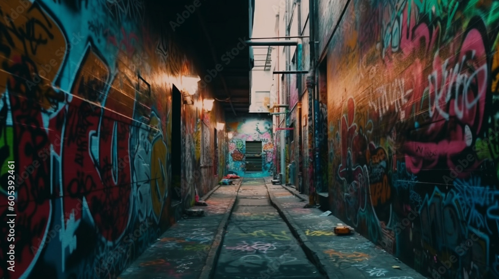 Fototapeta premium Street with colorful graffiti on the wall, Generative Ai