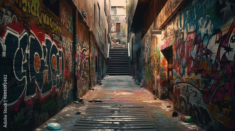 Fototapeta premium Street with colorful graffiti on the wall, Generative Ai