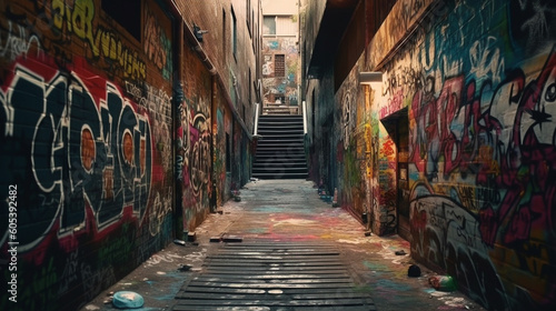 Street with colorful graffiti on the wall, Generative Ai © andranik123