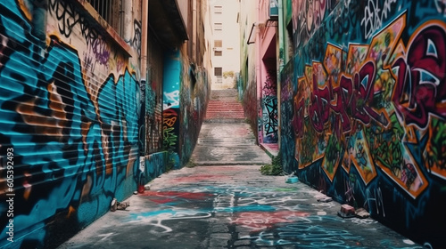 Street with colorful graffiti on the wall, Generative Ai © andranik123