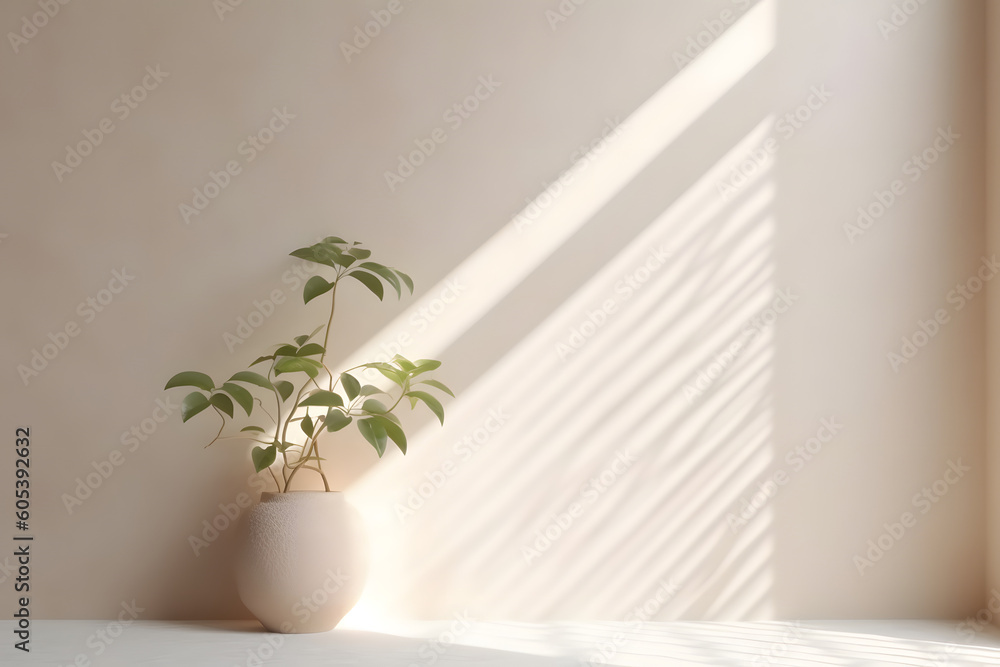 Minimalistic abstract light beige background with gentle with light and shadow from the window and vegetation or little tree or bonsai on the wall Minimalistic abstract light beige background with gentle with light and shadow from the window and vegetation or little tree or bonsai on the wall