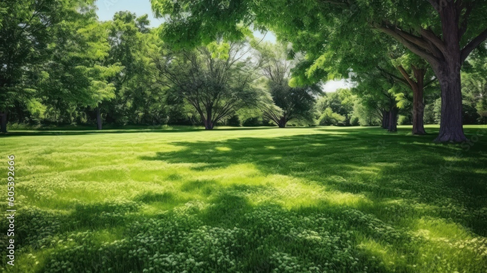 Beautiful wide format image of a manicured country lawn surrounded by trees and shrubs on a bright summer day. Spring summer nature