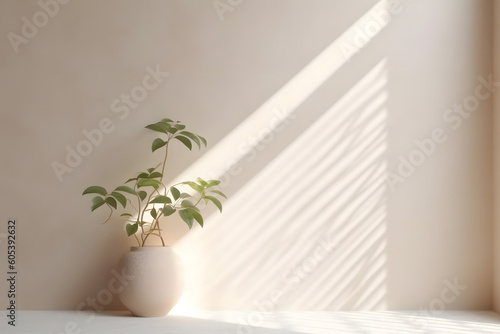 Minimalistic abstract light beige background with gentle with light and shadow from the window and vegetation or little tree or bonsai on the wall