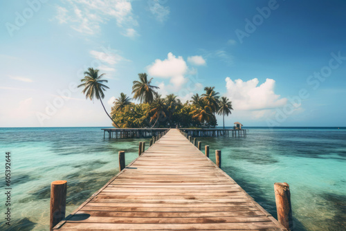 Wooden pier leading to tropical paradise island with palm trees, beautiful blue sky and turquoise ocean. Generative AI. © _Danoz