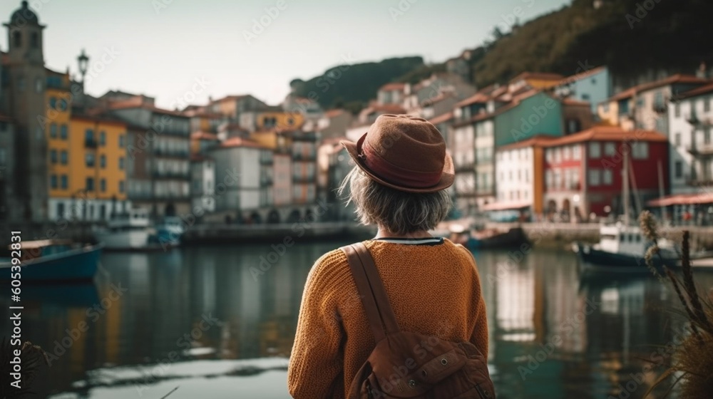 Traveler woman in the city of Spain. Generative Ai