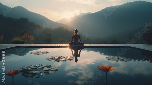 Woman practice yoga on the pool above the Mountain. Generative Ai